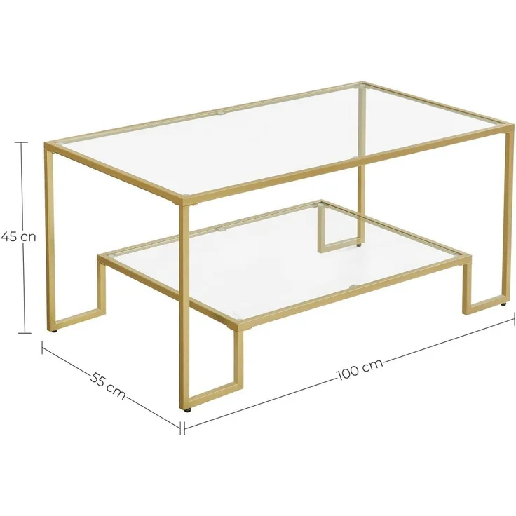 VASAGLE Couchtisch, Glastisch, Wohnzimmertisch, 2 Ablagen aus Hartglas, Stahlgestell, 100 x 55 x 45 cm, Dekoration, für Wohnzimmer, goldfarben – Bild 10