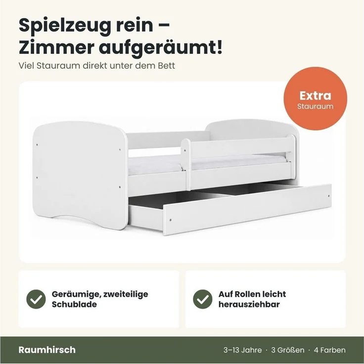 Raumhirsch Furniture Kinderbett 70x140, 80x160, 80x180 cm - Komplettset mit Matratze & Schublade (Bett für Mädchen, Einzelbett Kinder 2–12, mit Rausfallschutz & Lattenrost), verschiedene Farben & Designs – Bild 4