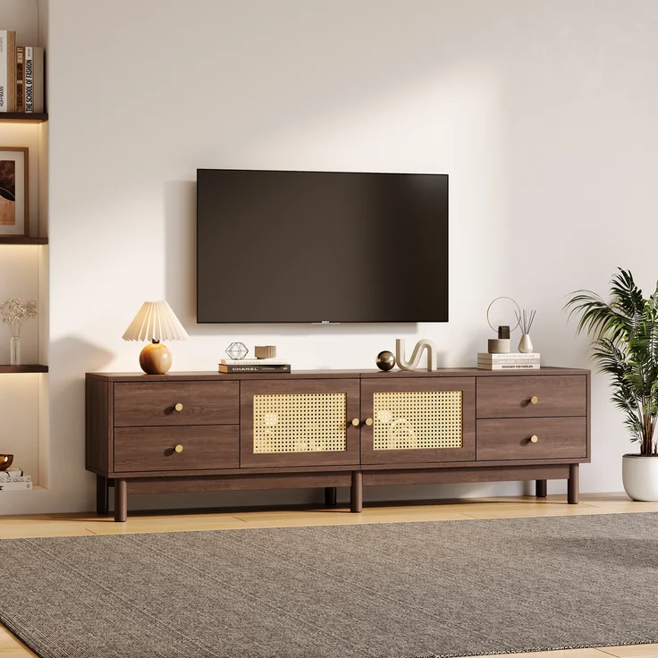 TV-Schrank, mit 2 Rattantüren, 4 Schubladen & Kabelmanagement, 180x35x44 cm, Braun – Bild 4