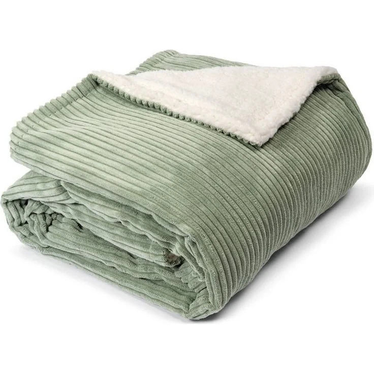 Wohndecke Duo, mokebo, Kuscheldecke, Sofa-Auflage oder Dekodecke aus Cord und Sherpa, Salbei – Bild 1