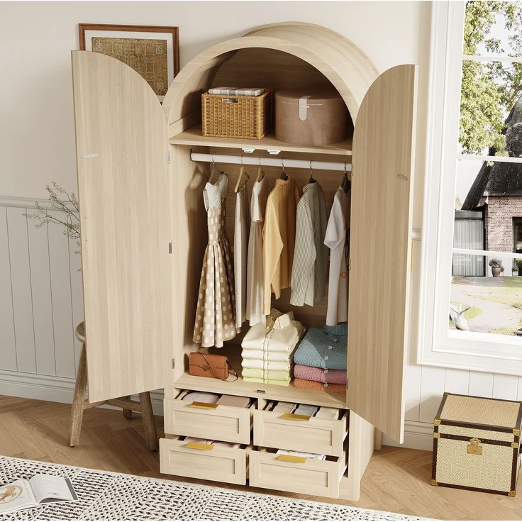 DESVIAE Garderobenschrank Eiche aus MDF – 80x180x50 cm – Rattantüren, Schubladen – Bild 3
