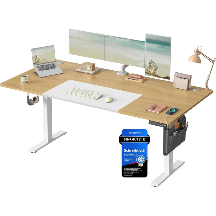 SONGMICS Höhenverstellbarer Schreibtisch elektrisch, 180x80 cm, stufenlos verstellbar, Memory-Funktion mit 4 Höhen, USB-C-Anschluss, natureichenfarben-mattweiß LSD028YD02 – Bild 1