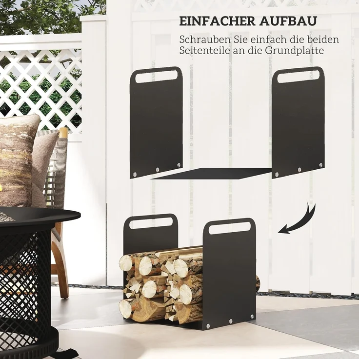 Outsunny Kaminholzregal mit Griffe, BxTxH:36.5x30x90 cm, (Feuerholzregal, 1-St, Brennholzregal), für Outdoor, Indoor, bis 30 kg, Stahl, Schwarz – Bild 6