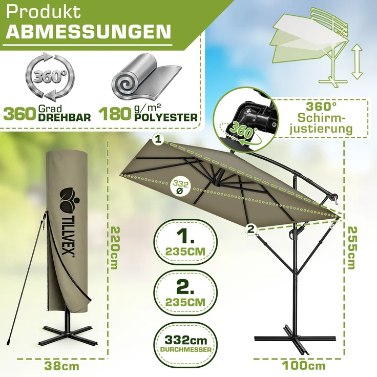 tillvex® Alu Sonnenschirm Rechteckig Ø 330 cm Braun + Abdeckung mit Kurbel | Ampelschirm Eckig mit Ständer & Windschutz | Gartenschirm UV-Schutz Aluminium | Kurbelschirm Marktschirm wasserdicht 360° drehbar – Bild 2