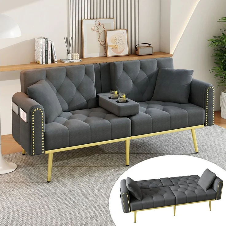 Merax Schlafsofa mit 3 verstellbaren Neigungswinkeln & ausklappbarer Liegefunktion, 2 sitzer Klappsofa Polstersofa mit bettfunktion 1 Teile, Sofa klappbar mit Getränkehalter, Zierkissen & Seitentasche, Samtbezug – Bild 5