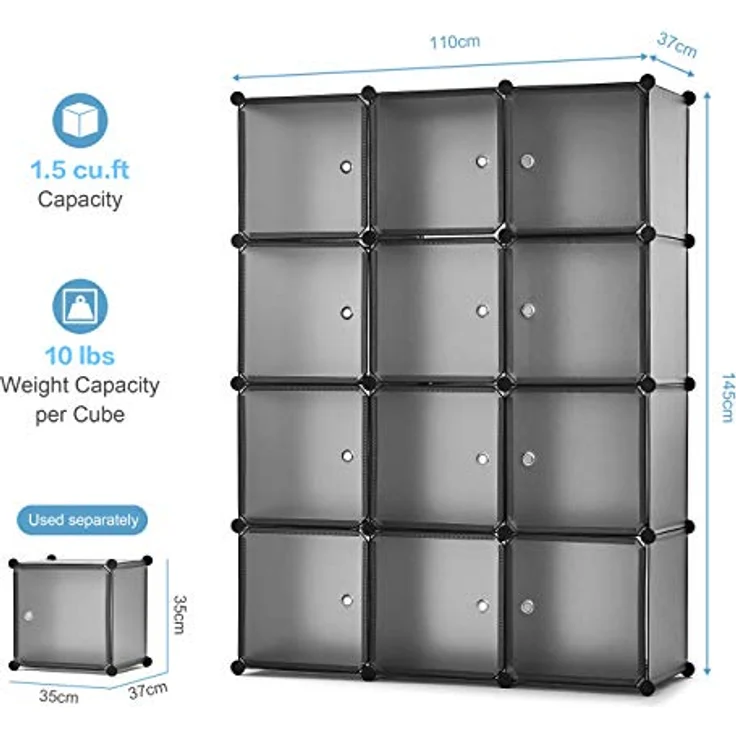 Mondeer Kleiderschrank, Steckregal Kunststoff, Garderobe Schrank Steckregalsystem, mit 2 Kleiderstange, DIY Modular Schrank für Platzsparende, Grau - 110 x 37 x 145 cm (B/T/H) – Bild 5