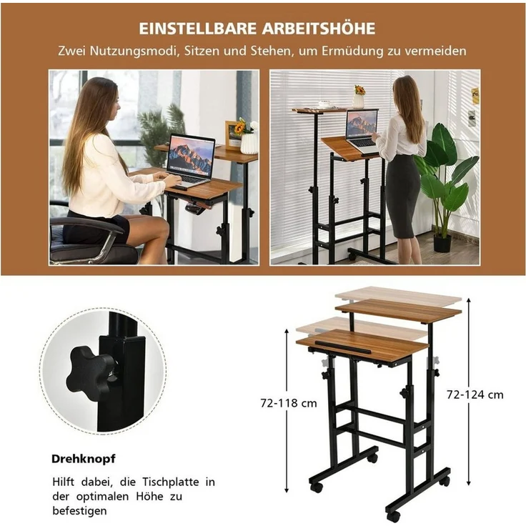 COSTWAY Computertisch, 2-stufig, höhenverstellbar mit Rollen, 72-124cm – Bild 2