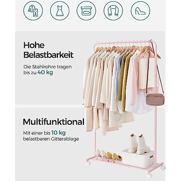 SONGMICS Kleiderständer, Kleiderstange auf Rollen, Garderobenständer Metall, Rollgarderobe 91 cm breit, mit Ablage, 2 Rollen mit Bremse, Garderobenstange bis 40 kg belastbar, pastellrosa HSR025P01 – Bild 4