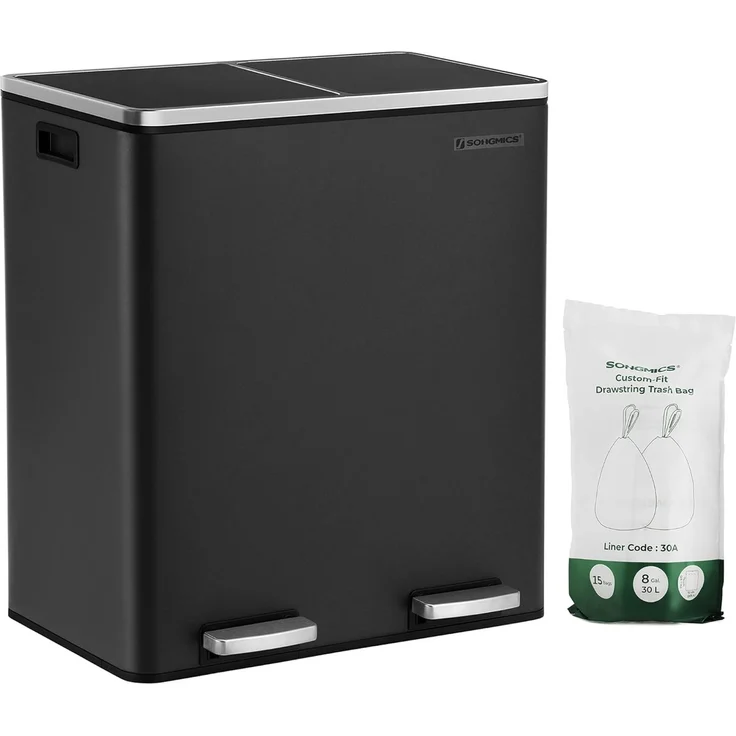 Songmics Mülleimer mit 2 Fächern und Softclose, luftdicht inkl. Müllbeutel, Metall, 60 (2x30) Liter, Schwarz – Bild 1