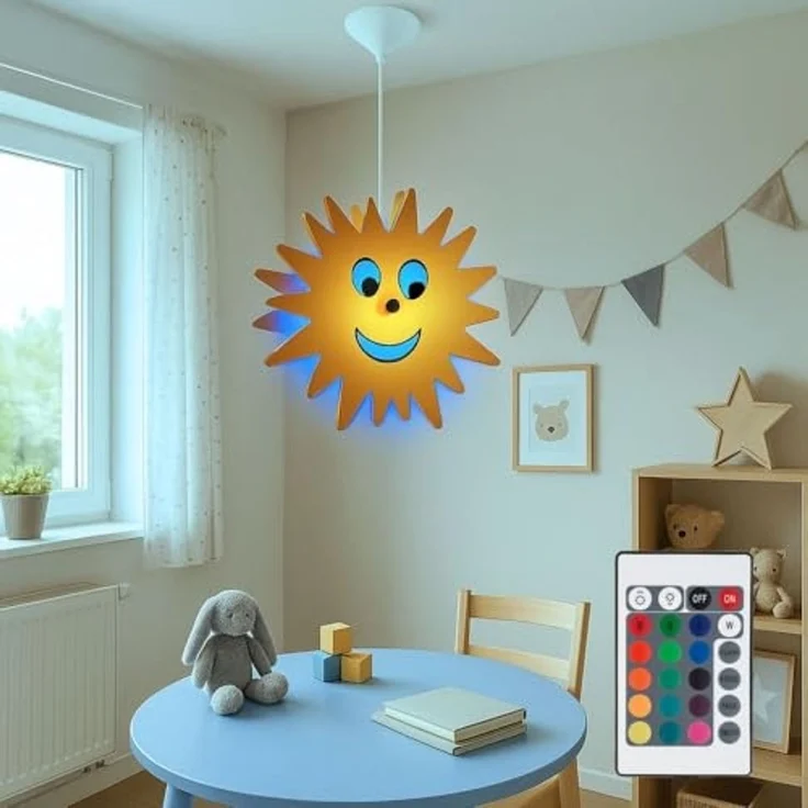 RGB LED Hängeleuchte, Kinder, Sonnen, Holz, gelb, D 38 cm – Bild 2