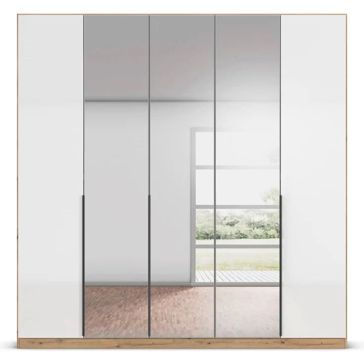 Rauch Möbel Alabama, Kleiderschrank, Garderobenschrank, 5-türig, Spiegel, Zubehör Classic, 3 Kleiderstangen, 9 Einlegeböden, Farbe Hochglanz Weiß/Eiche Artisan, Holz, Griff Grau metallic, 226 x 229 x 54 cm – Bild 8