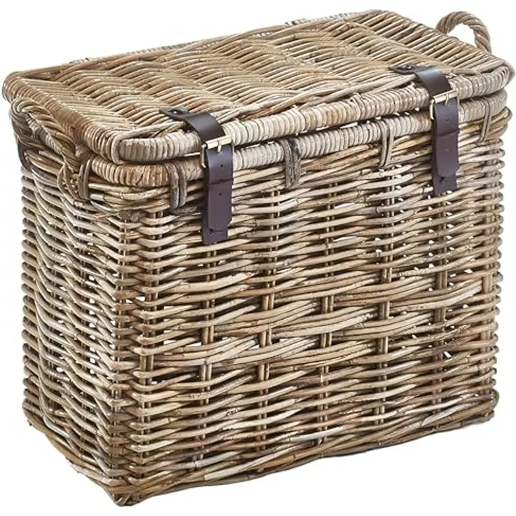 Kobolo Aufbewahrungskorb Universalkorb Korb Truhe aus Rattan mit Deckel Griffen und Lederriemen (Einzelstück, 1 St, 1 Stück), Ordnungssystem mit viel Stauraum