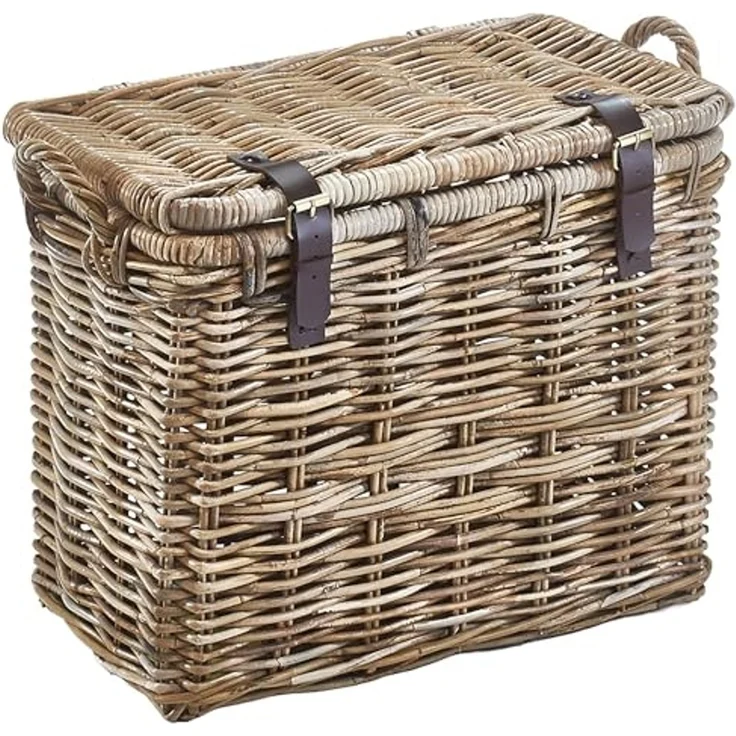 Kobolo Aufbewahrungskorb Universalkorb Korb Truhe aus Rattan mit Deckel Griffen und Lederriemen (Einzelstück, 1 St, 1 Stück), Ordnungssystem mit viel Stauraum – Bild 1