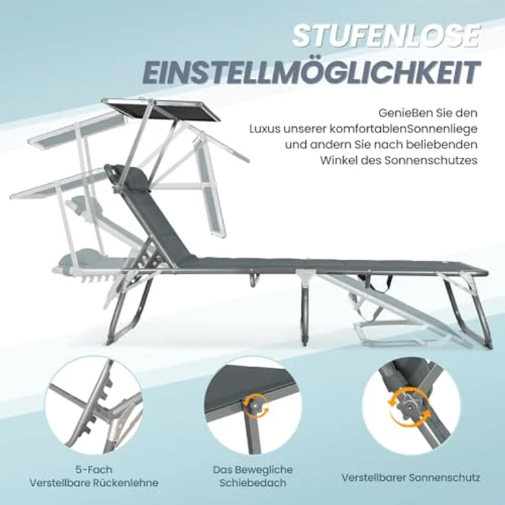 HOMECALL XXL-Sonnenliege aus Aluminium mit Dach und Quick-Dry-Schaum, max. Belastung bis 150 kg, Textilene anthrazit, 200x70 cm – Bild 6