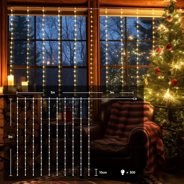 Salcar LED-Lichterkette, 8 Modi, Vorhang Innen&Außen, 300 LED, Kupferdraht Warmweiß, 3x3 m – Bild 5