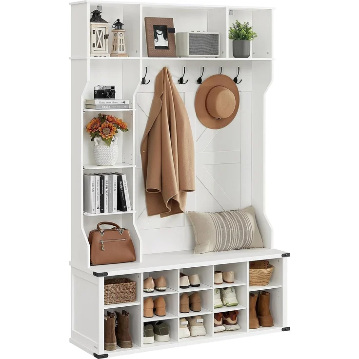 VASAGLE Kleiderständer, Garderobe, Eingangsmöbel mit Schuhregal, verstellbare Ablagen, 20 offene Fächer, 6 Dreifach-Haken, Landhausstil, freistehend, für Eingangsbereich, Flur, wolkenweiß HSRDE440W03 – Bild 1