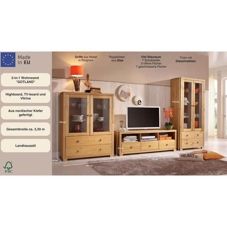 Home affaire Wohnwand Gotland, (Set, 3-St), bestehend aus 1 Highboard, 1 TV-Lowboard und 1 Vitrine