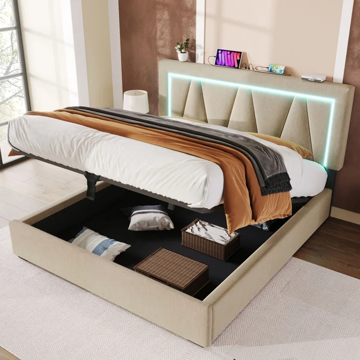 Polsterbett 140x200 cm aus Leinen mit Stauraum, LED-Beleuchtung und USB/Type-C-Ladestation