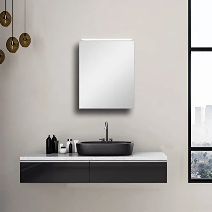 DSK LED-Spiegelschrank Aluminio Vegas, 50 x 60 cm, Silber, mit LED-Oberlicht und integrierter Steckdose, drei Glaseinlegeböden – Bild 1