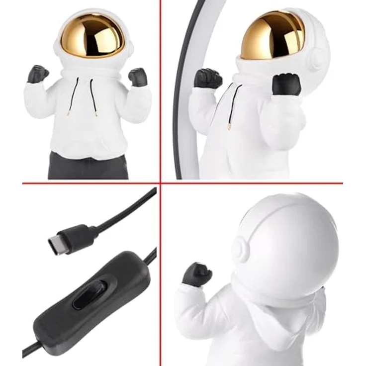 BRUBAKER LED Tischleuchte Astronaut mit Hoodie und Gold verchromtem Helm in Anime Pose, mit indirekter Beleuchtung und USB-C Stecker, LED fest integriert, 33 cm Tischlampe mit LED-Ring - Handbemalte Weltraum Nachttischlampe – Bild 6
