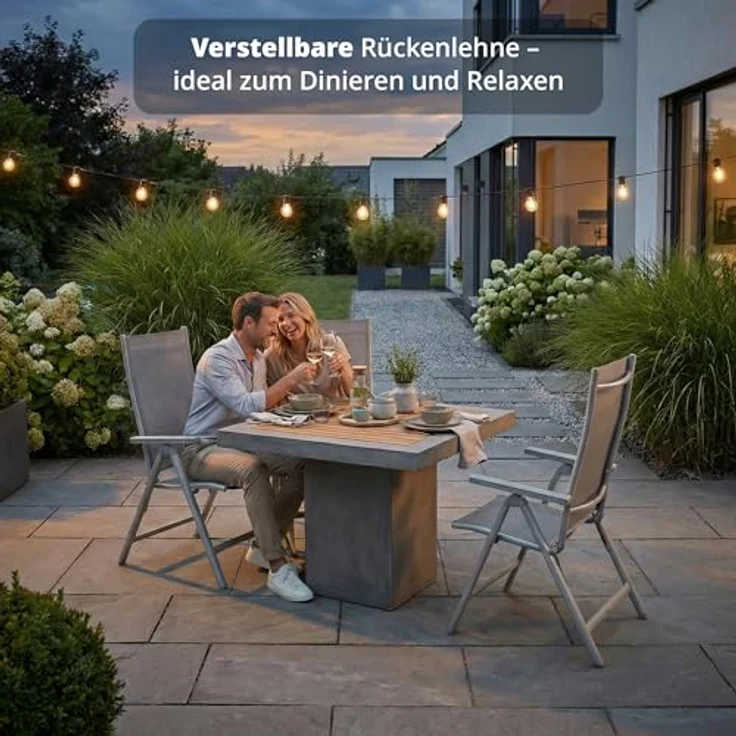 KHG Gartenstuhl Hochlehner Alu Klappstuhl, 8-Fach verstellbare Rückenlehne | silber grau wetterfest rostfrei, 120 kg belastbar, Balkonstuhl, Kunststoff, vormontiert, vielseitig kombinierbar – Bild 4