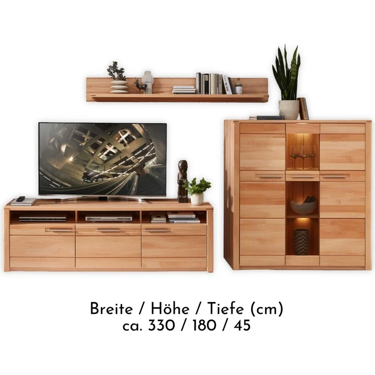 Wohnwand >Nature One< 3-teilig, mit LED, FSC, in Kernbuche teimassiv - 330x180x45cm (B/H/T) – Bild 3