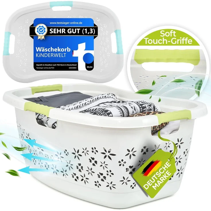 KiNDERWELT Wäschekorb Premium 50 L ergonomischer Form, Soft-Touch-Griffe, an den Körper angepasste Nierenform – Bild 1