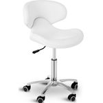 Physa Andria White Rollhocker mit Lehne Arbeitshocker mit Rollen höhenverstellbar Sitzhocker mit Rückenlehne (weiß, polierter Stahl, PVC-Bezug, 360° drehbare Rollen, Variable Sitzhöhe)