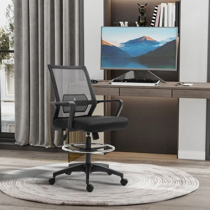 MELAYR, Bürostuhl, Höhenverstellbarer Schreibtischstuhl mit Fußablage, Netz-Rückenlehne, 64 x 59 x 124 cm, Schwarz – Bild 3