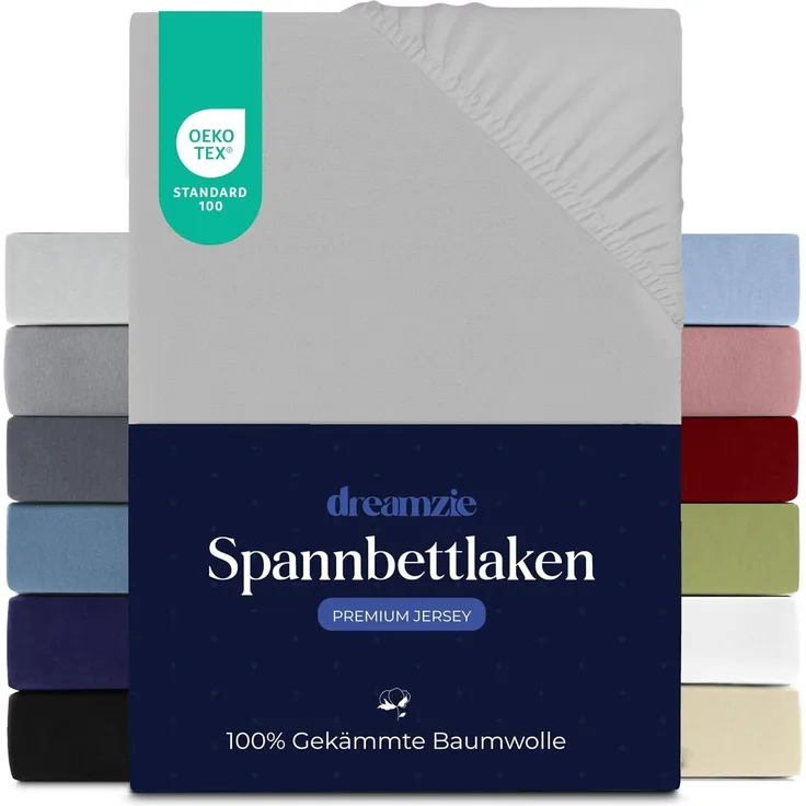 Dreamzie Premium Spannbettlaken 160x200 cm, Spannbetttuch für Dicke Matratzen bis zu 27 cm, Bettlaken 100% Jersey Baumwolle, 150 g/m², Oeko-TEX Zertifiziert - Grau
