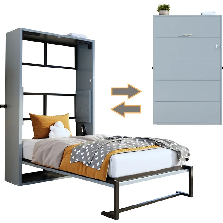 Merax Schrankbett, 90x200 cm Murphy-Bett, Metallrahmen-Wandklappbett, Faltbett Kombination aus Metallrahmen und Holzplatte, mit Verriegelbarer Wandbefestigung, Grau – Bild 5