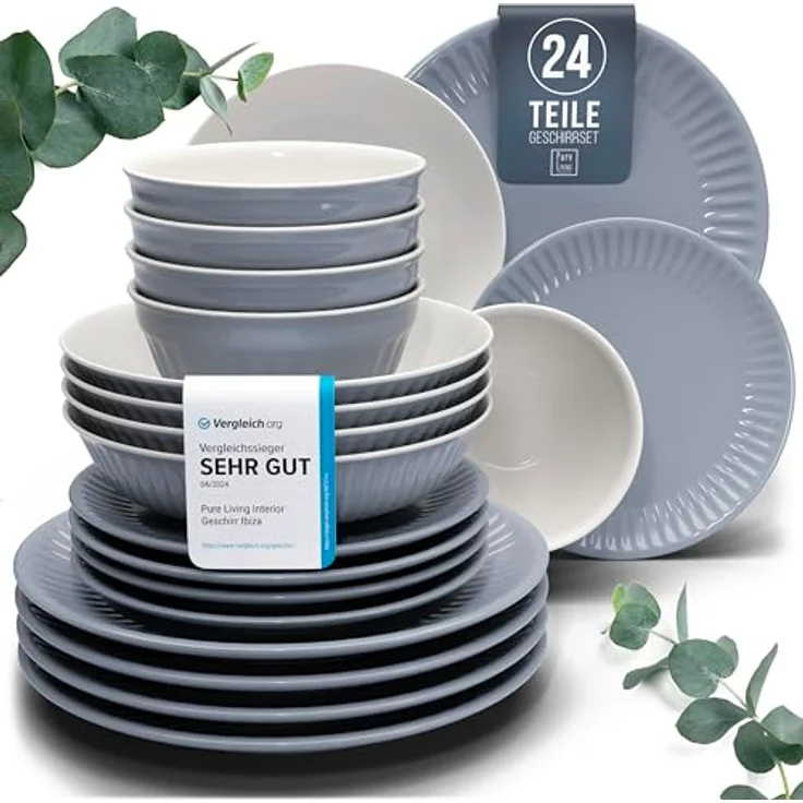 Steingut Geschirrset 6 Personen Hygge 24 tlg. TESTSIEGER, Traumhaftes Skandinavisches Steingut Geschirr Set, Schüssel- und Teller Set, Tafelservice 6 Personen, Geschirrsets Pure Living in Graublau – Bild 2