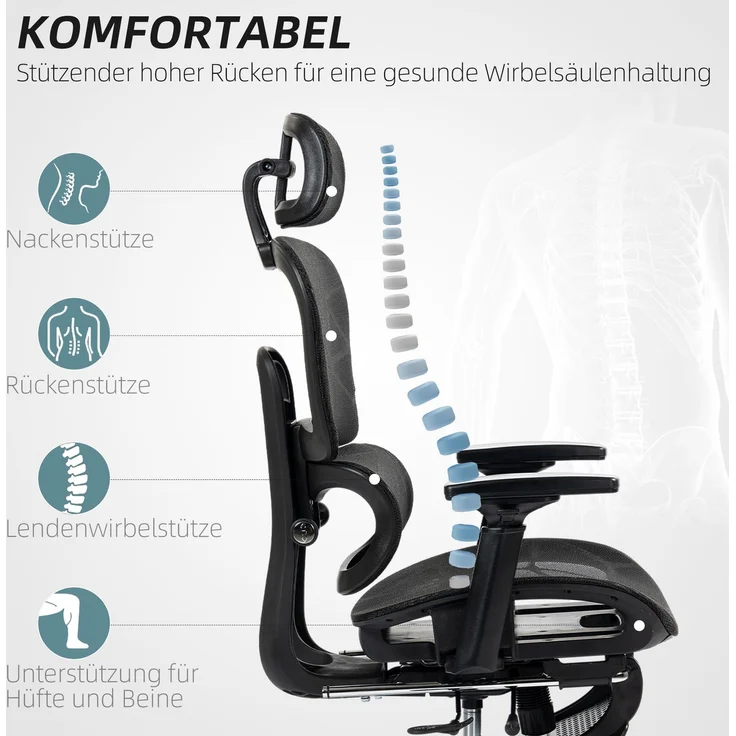 MELAYR, Bürostuhl, Ergonomischer Schreibtischstuhl mit Netzstoffbezug, verstellbar, rollbar, 66 x 64 x 122 cm, Schwarz – Bild 6