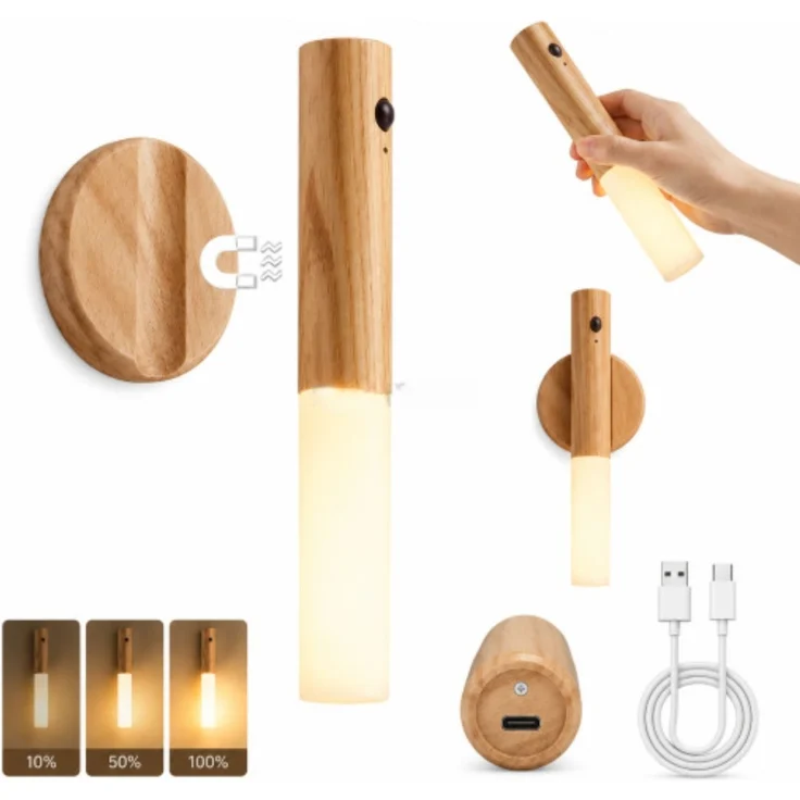 LED Nachtlicht mit Sensor – Magnetische Wandleuchte USB-C, Warmweiß Holzoptik