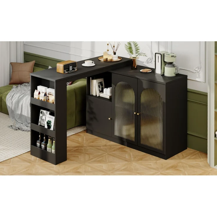 ZUBALIYA Drehbarer Bartisch 120 x 40 cm, mit Stauraum, mit Glastüren, MDF, Schwarz – Bild 14