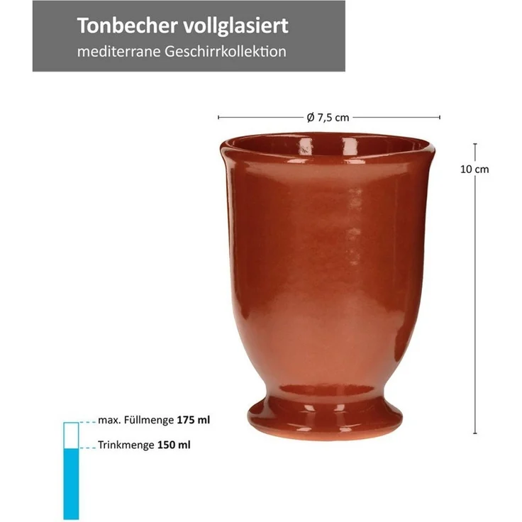 MamboCat Karaffe 7tlg.-Set: Tonkrug 1.9L + 6 Tonbecher 175ml Ton-Geschirr rotbraun – Bild 3