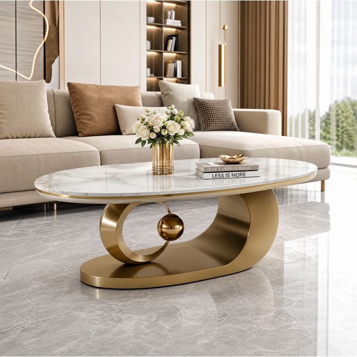 Ovaler Couchtisch 120 x 67 x 45 cm mit Tischplatte in weißer Marmoroptik und goldfarbenem Edelstahlgestell