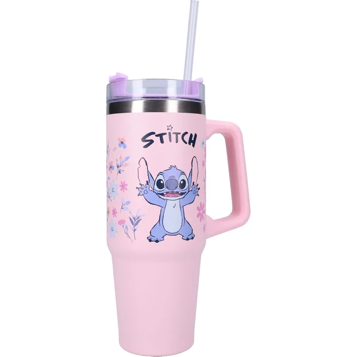 Lilo & Stitch Trinkflasche 900ml – Kinder Flasche mit Henkel, rosa
