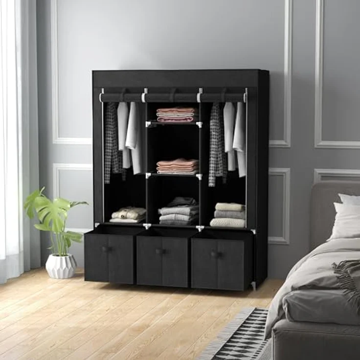 HOMCOM Stoffschrank Kleiderschrank mit Kleiderstangen und Schubladen (Faltbare Garderobe, 1-St, Faltschrank) Schwarz, 125 x 43 x 162,5 cm – Bild 7