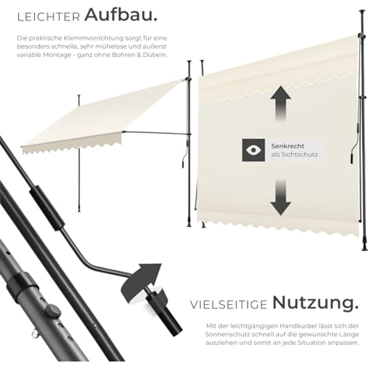 tectake® Klemmmarkise mit Handkurbel, Balkon Markise ohne Bohren, Markise höhenverstellbar, UV-beständig, wasserabweisend, Terrassenüberdachung, Sonnenschutz Terrasse & Balkon, Breite 300 cm - beige – Bild 4