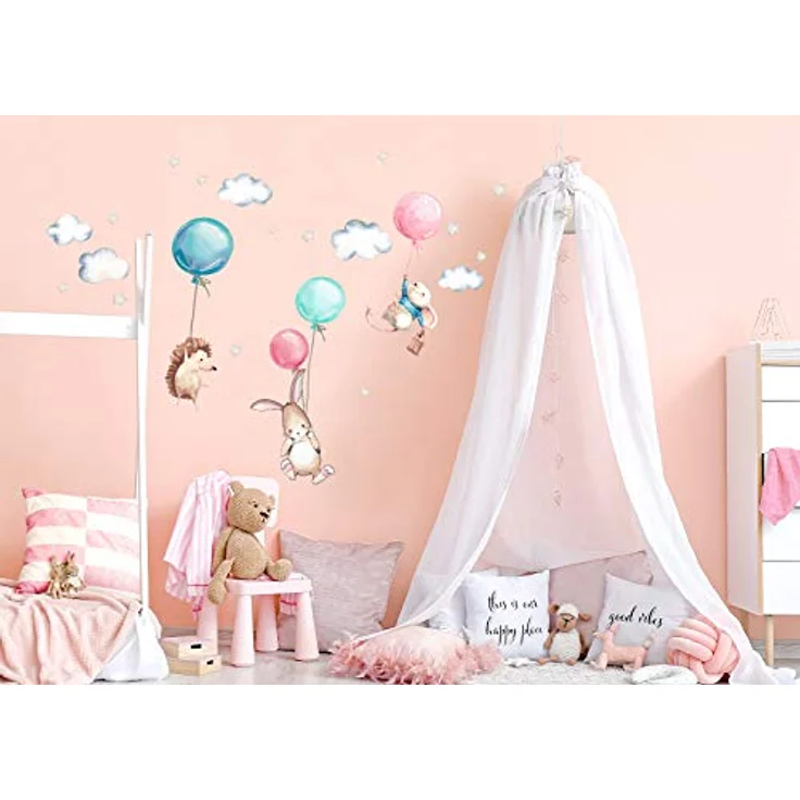 Montegoni Wandsticker Kinder Tier Heißluftballon Wandsticker,Wandaufkleber Deko (Wandtattoo mit Waldtieren für Kinderzimmer, aquarell tiere heißluft ballon wolken aufkleber), wasserdichte abnehmbare, kindergarten haus dekoration – Bild 3