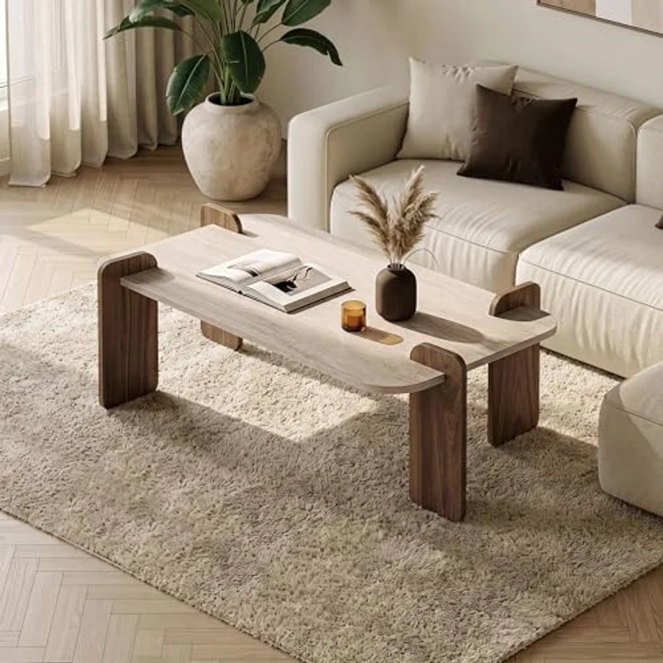 Stilvoller Couchtisch, 120 cm x 60 cm x 35 cm | 100% melaminbeschichtete Spanplatte, werkzeuglose Montage | Elegante Travertin- und Walnuss-Optik – Bild 2