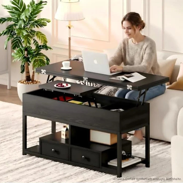 IRONCK Couchtisch Höhenverstellbar, LED Wohnzimmertisch mit Steckdosen | 2AC+USB+USB‑C, Kaffeetisch Holz, 2 Schubladen, Umwandelbar Esstisch 100×80cm, Schwarz – Bild 3