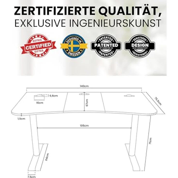 Arozzi Arena Medium Gaming-Tisch, Pure Black, 140 x 75,5 cm Schwarz – Bild 4