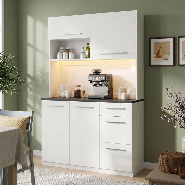 Buffetschränke, Esszimmer-Hochschrank 120×40×180 cm, mehrstufigem Stauraum, integrierter Steckdose sowie USB-C- und USB-A-Anschlüssen,Mit farbigem Lichtstreifen, Weiß – Bild 2