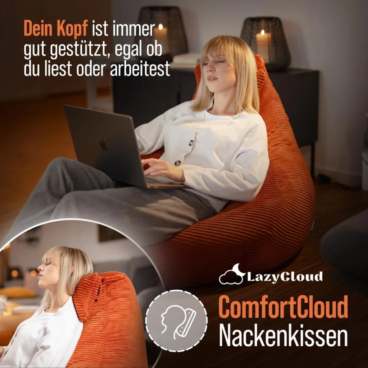 LazyCloud Sitzsack für Erwachsene mit integrierter [Nackenstütze] Cord | XXL Indoor Bean Bag mit Füllung | perfekt als Chill-, Lese- oder Gaming Sessel (90 x 80 x 70 cm) (Korallrot) – Bild 3
