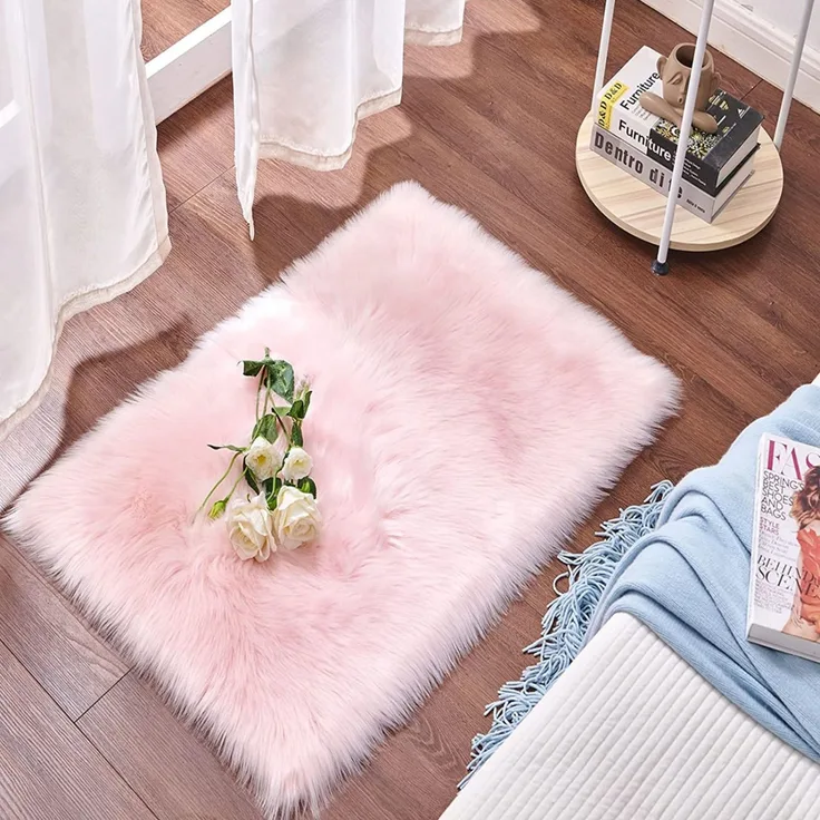 Flauschiger Teppich aus Kunstfell Kunstteppich Kunstpelz 60x90cm Rutschfest Rosa