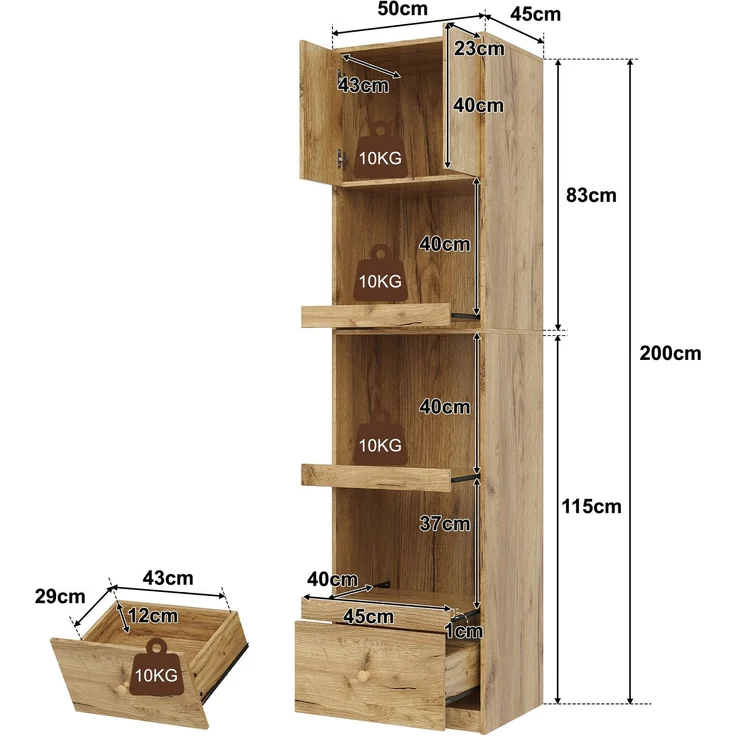 Küchenschrank 50 x 45 x 200 cm in Eichenoptik mit ausziehbaren Organizern und Schublade – Bild 4