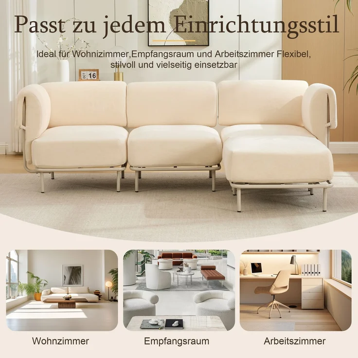 Modulares 3-Sitzer-Sofa mit Hocker, B 251 x T 155 x H 78 cm, beiger Chenille, flexibel kombinierbar – Bild 8