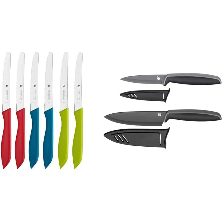 WMF Classic Line Frühstücksmesser Set 6-teilig, 23 cm, Brötchenmesser Wellenschliff, bunt & Messerset 2-teilig TOUCH schwarz 2 Messer Küchenmesser mit Schutzhülle antihaftbeschichtet Kochmesser